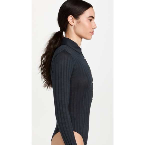 Vince Polo Ribbed Button Up Thong Bodysuit Black - Picture 2 of 9